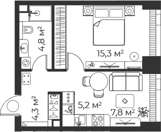Планировка — Веер, 2-комн., 37 м²