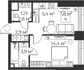 Планировка — Веер, 2-комн., 37 м²