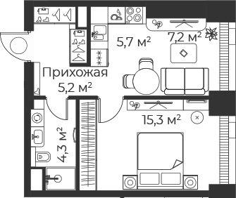 Планировка — Веер, 2-комн., 38 м²