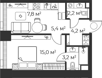 Планировка — Веер, 2-комн., 38 м²