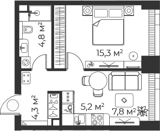 Планировка — Веер, 2-комн., 37 м²