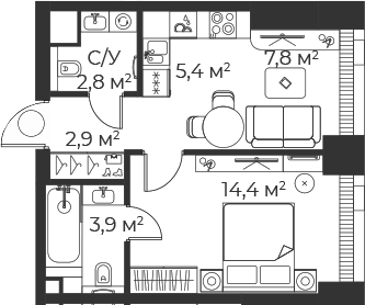 Планировка — Веер, 2-комн., 37 м²