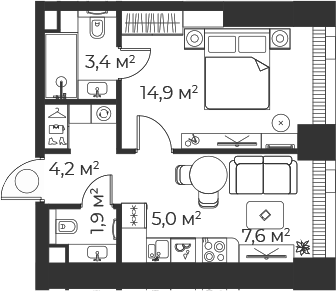Планировка — Веер, 2-комн., 37 м²