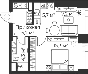 Планировка — Веер, 2-комн., 38 м²