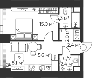 Планировка — Веер, 2-комн., 39 м²