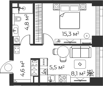 Планировка — Веер, 2-комн., 38 м²