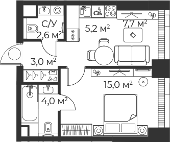 Планировка — Веер, 2-комн., 38 м²
