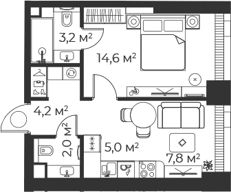 Планировка — Веер, 2-комн., 37 м²