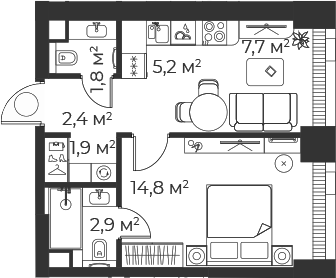 Планировка — Веер, 2-комн., 37 м²