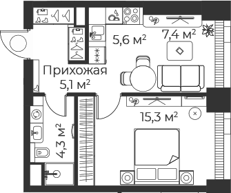 Планировка — Веер, 2-комн., 38 м²