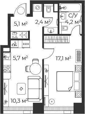 Планировка — Веер, 2-комн., 45 м²