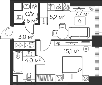 Планировка — Веер, 2-комн., 38 м²