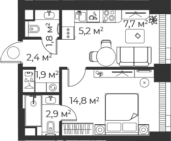Планировка — Веер, 2-комн., 37 м²