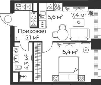 Планировка — Веер, 2-комн., 38 м²