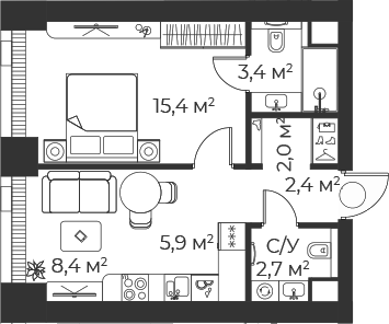 Планировка — Веер, 2-комн., 40 м²