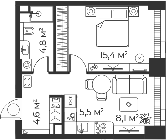 Планировка — Веер, 2-комн., 38 м²