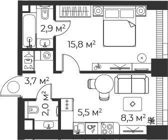 Планировка — Веер, 2-комн., 38 м²
