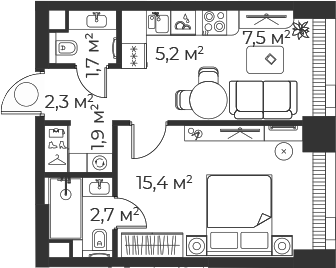 Планировка — Веер, 2-комн., 37 м²