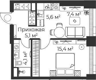 Планировка — Веер, 2-комн., 38 м²