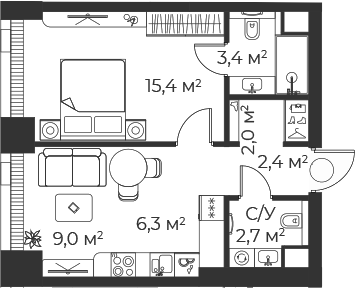 Планировка — Веер, 2-комн., 41 м²