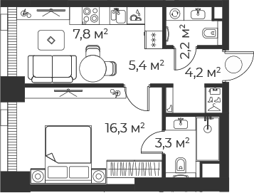 Планировка — Веер, 2-комн., 39 м²
