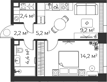Планировка — Веер, 2-комн., 38 м²