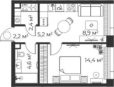 Планировка — Веер, 2-комн., 38 м²