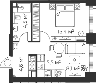 Планировка — Веер, 2-комн., 38 м²