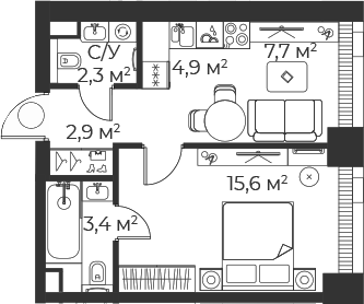 Планировка — Веер, 2-комн., 37 м²