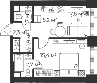 Планировка — Веер, 2-комн., 37 м²