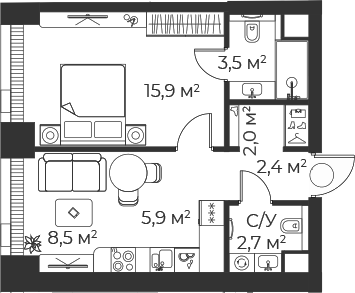 Планировка — Веер, 2-комн., 41 м²