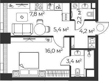 Планировка — Веер, 2-комн., 39 м²