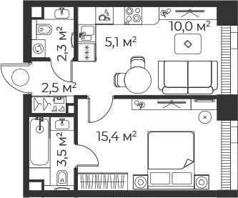 Планировка — Веер, 2-комн., 39 м²