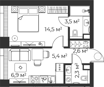 Планировка — Веер, 2-комн., 35 м²