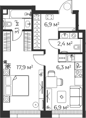 Планировка — Веер, 2-комн., 44 м²