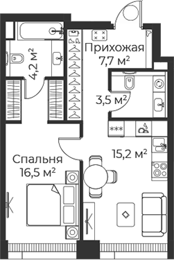 Планировка — Веер, 2-комн., 47 м²