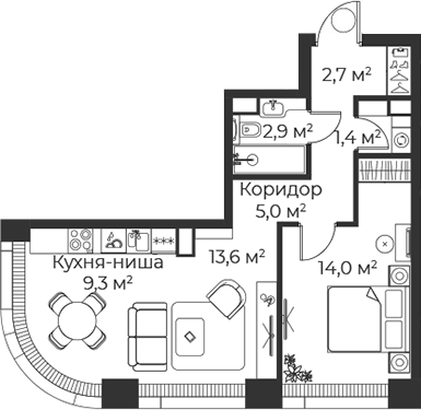 Планировка — Веер, 2-комн., 49 м²