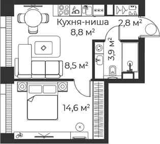 Планировка — Веер, 2-комн., 39 м²