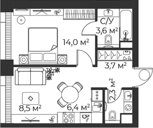 Планировка — Веер, 2-комн., 39 м²