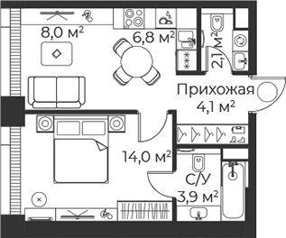 Планировка — Веер, 2-комн., 39 м²