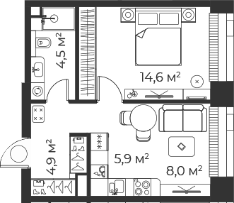 Планировка — Веер, 2-комн., 38 м²