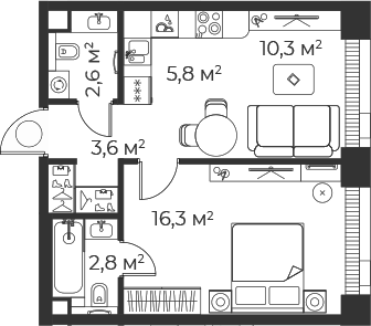Планировка — Веер, 2-комн., 42 м²
