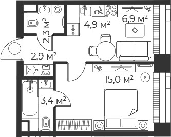Планировка — Веер, 2-комн., 35 м²