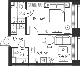 Планировка — Веер, 2-комн., 37 м²