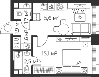 Планировка — Веер, 2-комн., 36 м²