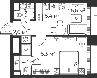 Планировка — Веер, 2-комн., 35 м²
