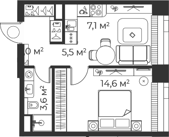 Планировка — Веер, 2-комн., 36 м²