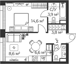 Планировка — Веер, 2-комн., 40 м²
