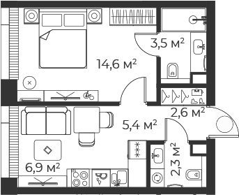 Планировка — Веер, 2-комн., 35 м²