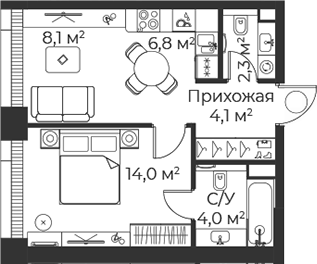 Планировка — Веер, 2-комн., 39 м²